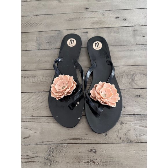 Melissa Harmonic Black with Beige Flower Jelly Rubber Flip Flop Sandals Size 8 - Picture 2 of 8